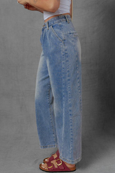 Retro Inspired Washed Pleated Detail High Waist Wide Leg Jeans